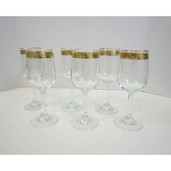 CELLINI Italy Hand Blown Crystal 24 KT Gold Etched 6.5" Wine Glasses Set of 6 - Picture 1 of 6